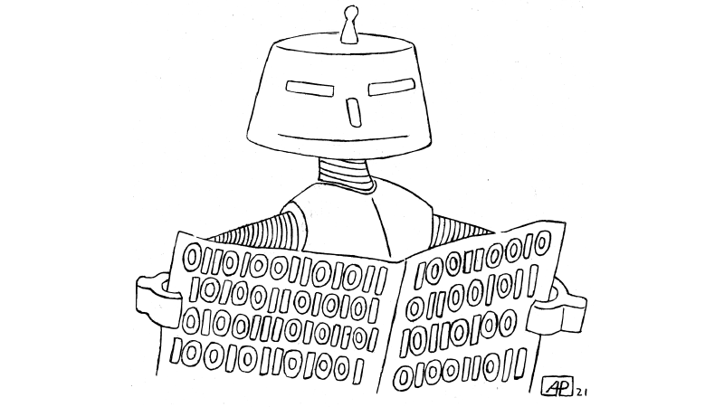 Cartoon with robot reading the newspaper.