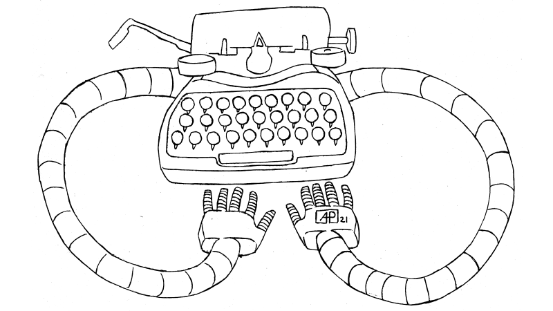 Cartoon with the worlds first typewriter with built-in artificial intelligence with robot arms that can type.