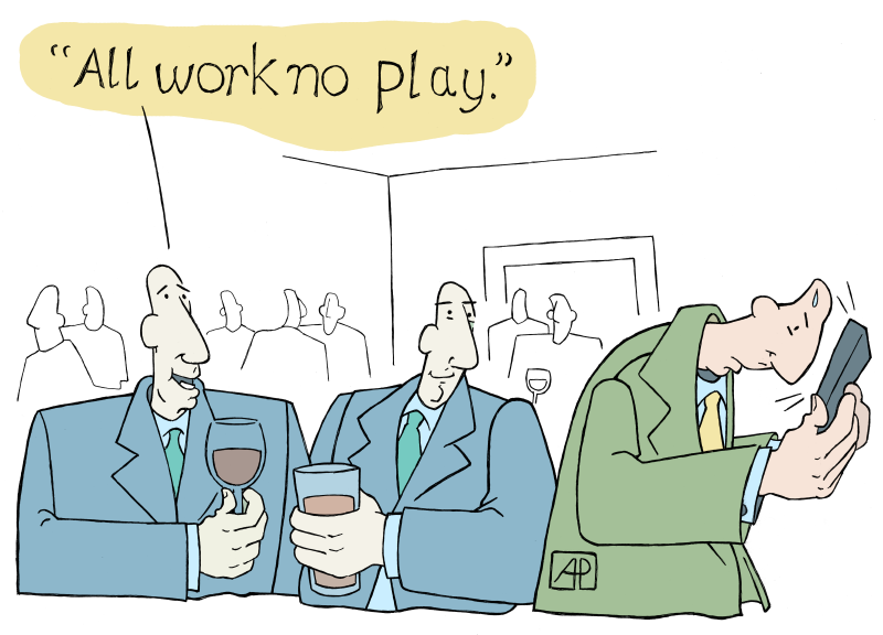cartoon poking fun at the all work no play cliche and that managing a social media account would be work